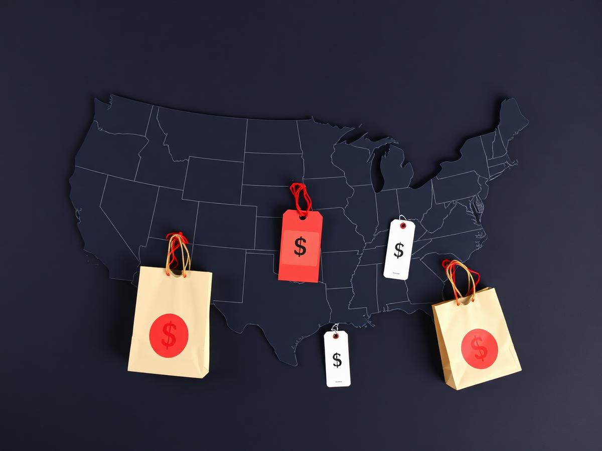 Mapa dos Estados Unidos com etiquetas de preço representando o Sales Tax